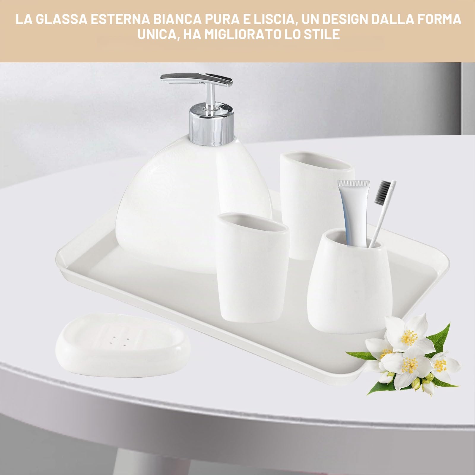 Set Bagno Accessori Completo in Ceramica, 6 Pezzi Set Accessori Bagno Moderno Include Dispenser di Sapone, Portaspazzolino, Coppetta per Collutorio, Scatola per Sapone e Vassoio, Bianco