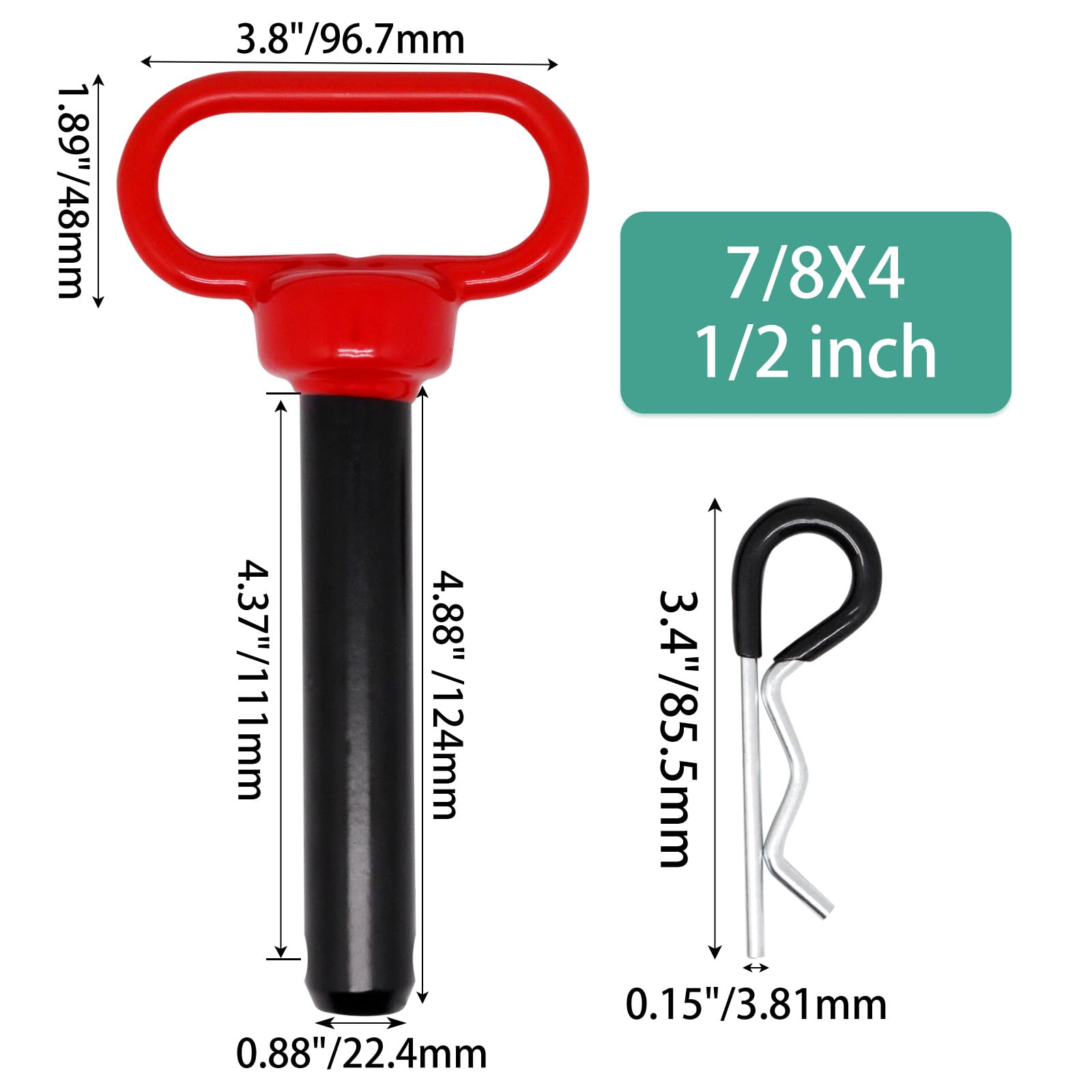 Pasador de enganche de 7/8 x 4-1/2 pulgadas, 2 pasadores de enganche de remolque, pasador y clip de enganche de remolque de tractor, mango rojo, pasador de puerta de remolque, pasadores de