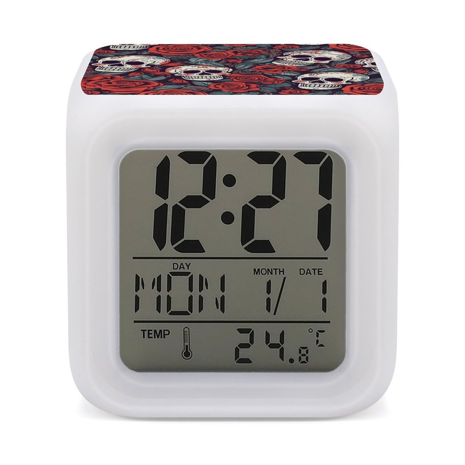 DWVTSLH Sugar Skulls and Red Roses Alarm Clock with 7 Color Changing Night Light, Wake Up Digital Clock for Bedroom, Bedside Cube Clock with Date, Temperature, Battery Operated Desk Clock Gift