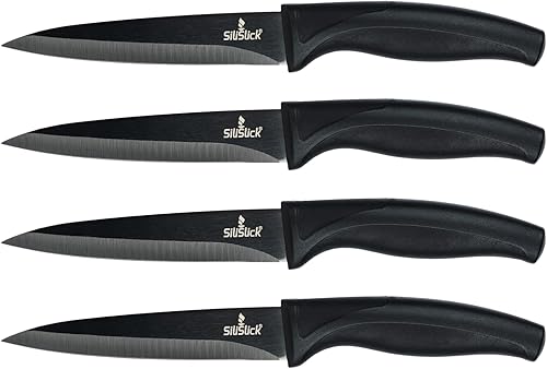 SiliSlick Juego de cuchillos para carne de acero inoxidable, cuchillos de cocina coloridos con revestimiento de titanio con borde recto, suave y