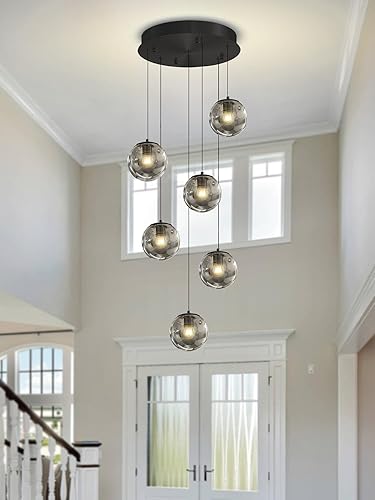 Miniatura 6 de Lámpara colgante de cristal de 6 luces, moderna lámpara de globo de vidrio gris ahumado, candelabros grandes para techos altos, entrada, luz