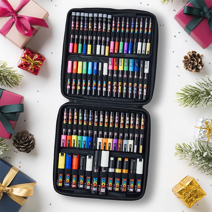 Image of Posca Exclusive Acrylic Paint Markers Gift Set of 62 with Case, Great for Kids and Adults, For Coloring Decorations, Canvas, Glass or Wood, Includes 350, 1MR, 1M, 3M, 5M, 7M, 8K, & 17K