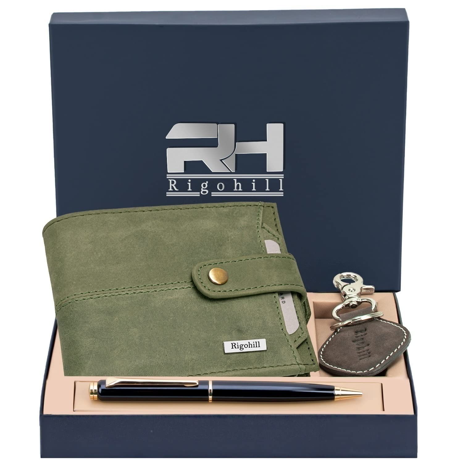 RIGOHILL Dogar Leather Green Wallet for Men with Keyring & Pen Combo Gift Set | RFID Protected Genuine Leather Wallet | Velentine's Day Gift Hamper