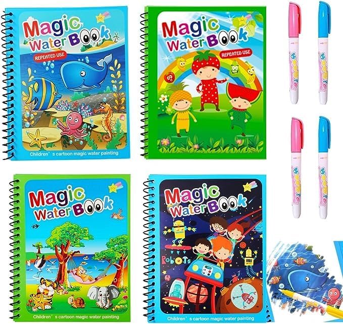 OFKY ® Water Magic Book, Magic Doodle Pen, Unlimited Fun With Drawing Reusable Water Activity Pad Reusable Magic Water Quick Dry Book Water Coloring Book Doodle with Magic Pen (PACK OF 4)