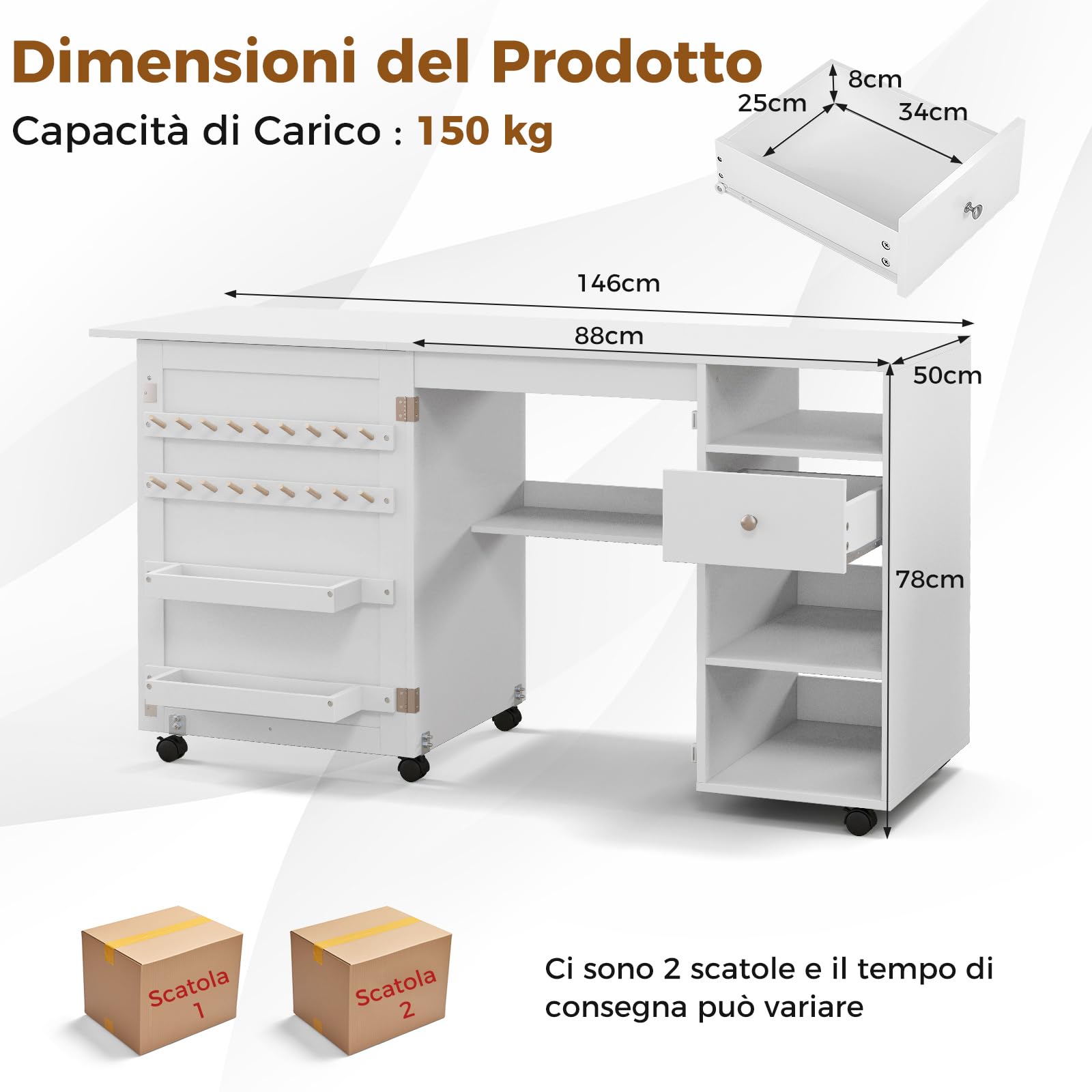 RELAX4LIFE Mesa de costura plegable sobre ruedas, mesa de costura, mesa de trabajo para corte y costura, mesa de costura multiusos con estantes y bandejas, cajón, peldaños, ruedas bloqueables