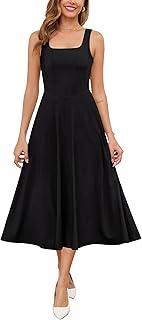 Womens 2025 Spring Summer Square Neck Sleeveless Flowy Swing Midi Dress Wedding Guest Prom Cocktail Party Dress