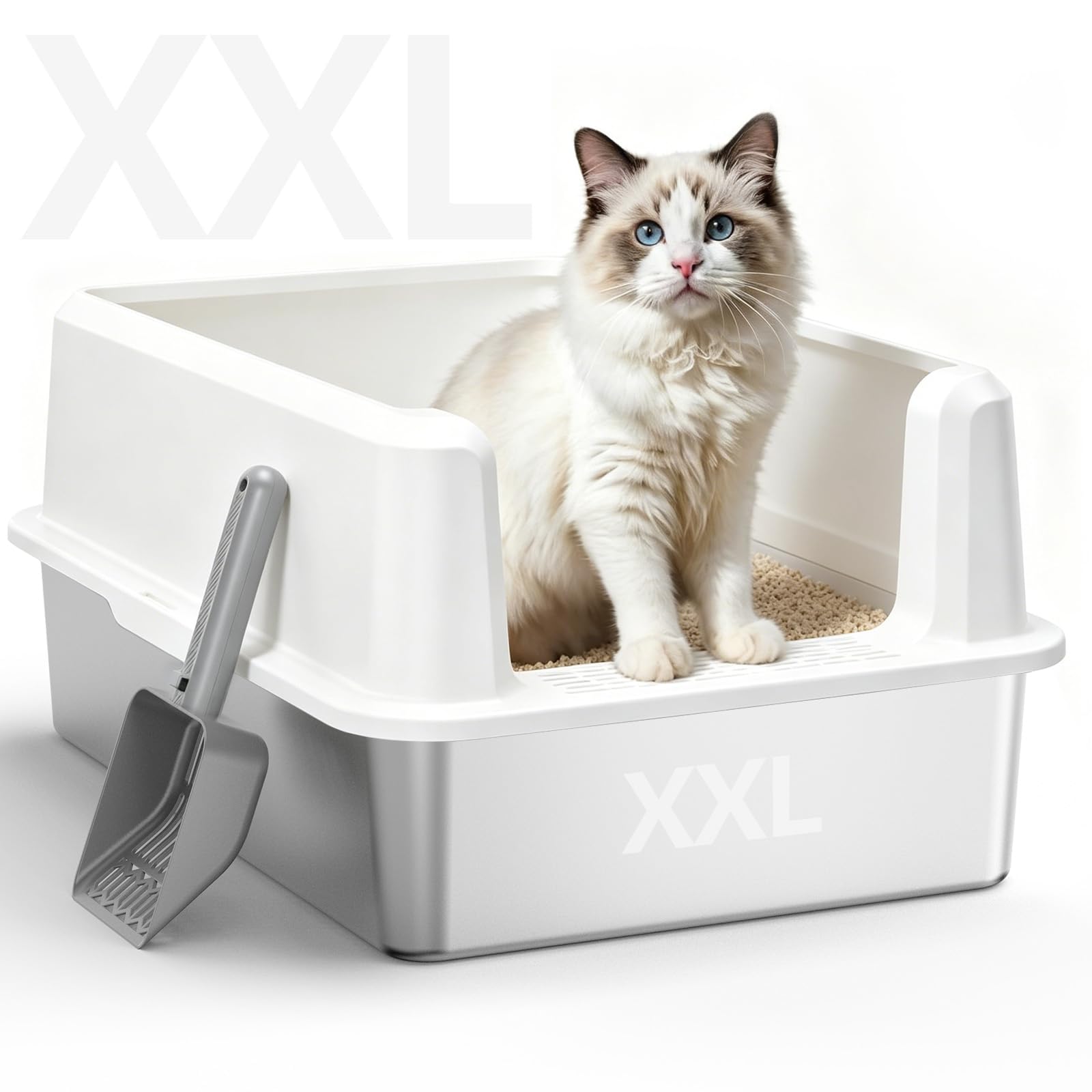 WoofiGo XXL Stainless Steel Cat Litter Box, High Sided Open Top Litter Pan