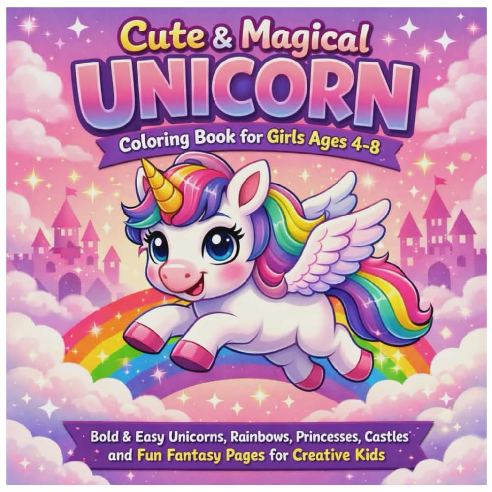 Cute & magical unicorn coloring book for girls ages 4-8: Bold & easy unicorns, rainbows, princesse,castles and fun fantasy pages for creative kids