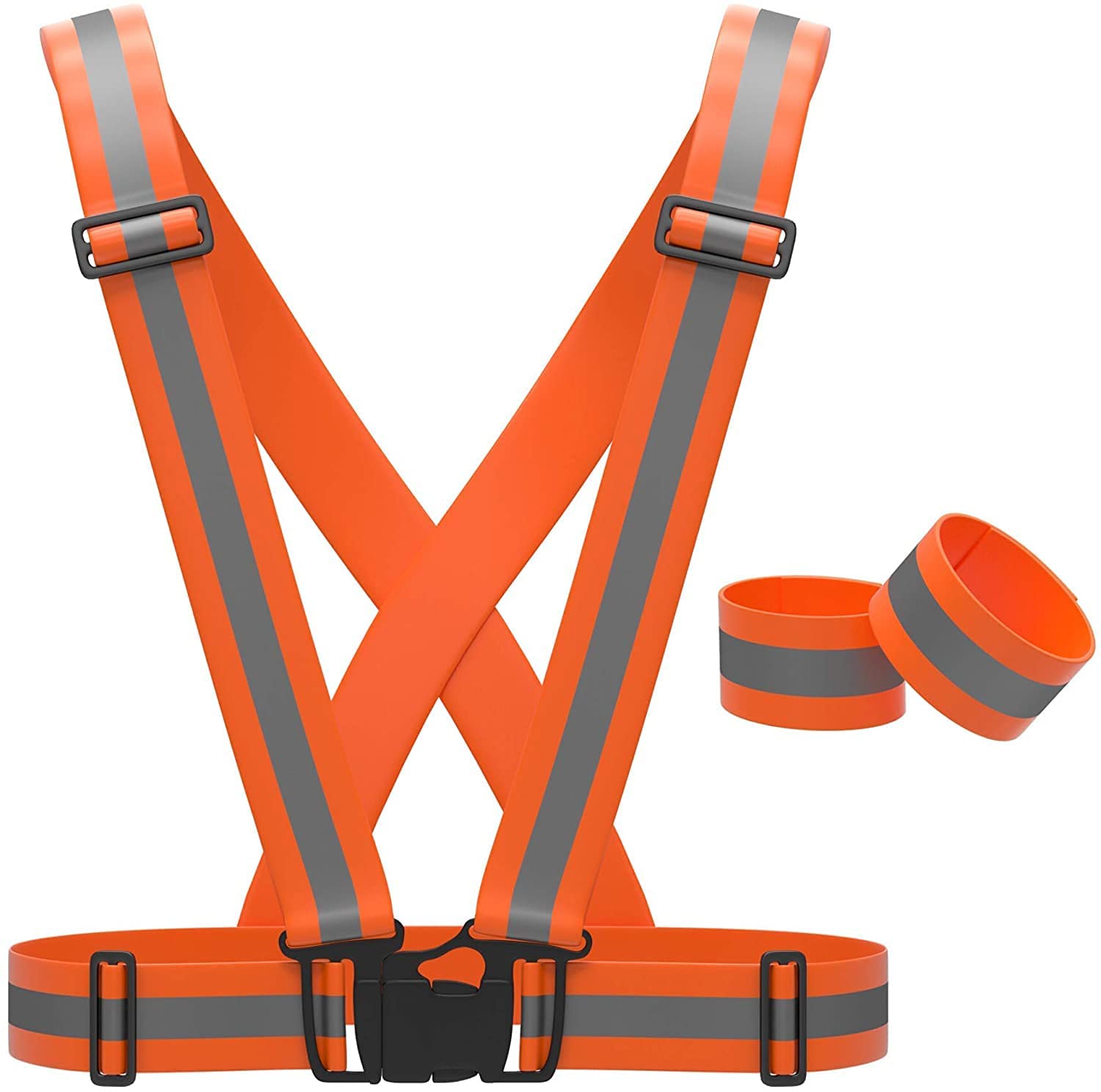 Safety Vest, Leg Band, Set, Reflective Vest, High Elasticity Belt, High Visibility, Safety Band, Fluorescent Belt, Traffic Security, Jogging, Bicycle, Bike, Night Work Clothes, Guidance 00 Orange