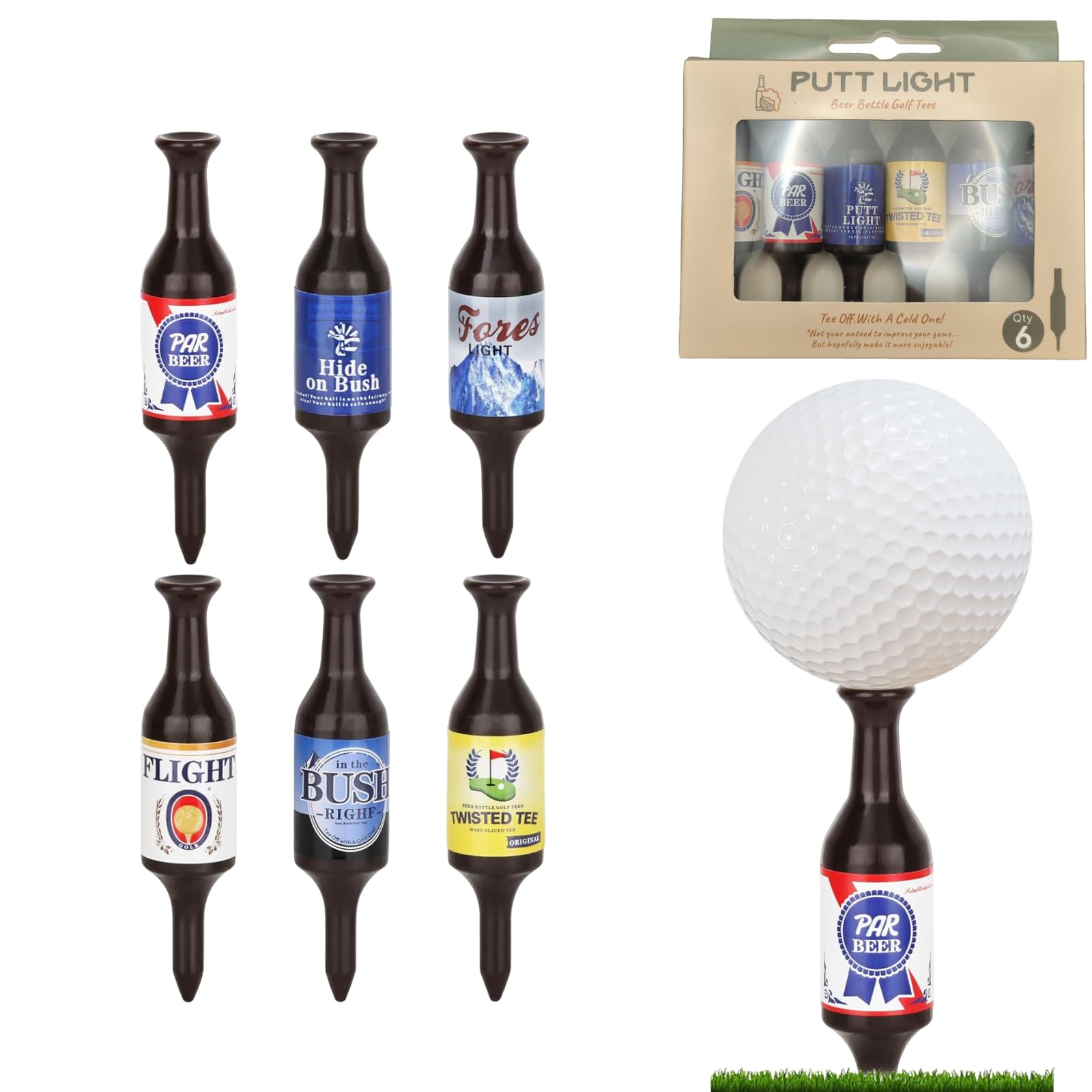 Quixotical 6 Pack Beer Bottle Golf Tees, Funny Golf Tees Beer Bottle, Durable and Recyclable Plastic Golf Tee, for Men Father