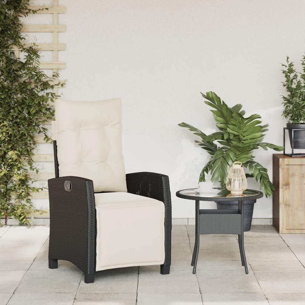 Poltrona reclinabile da giardino con poggiapiedi regolabile in rattan PE nero, struttura robusta in acciaio, cuscini imbottiti con fodere sfoderabili e lavabili, materiale
