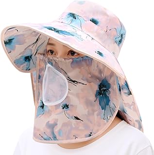 SANNIDHI® UPF50+ Sun Hats for Women, Wide Brim Hat with Neck Flap &amp; Removable Ventilated Face Mask, Fashion Floral Print S...
