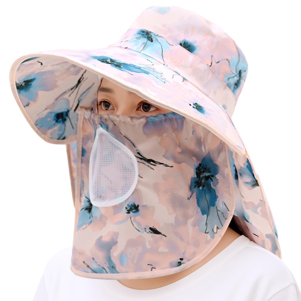 sannidhi SANNIDHI® UPF50+ Sun Hat for Women, Wide Brim Sun Hat with Neck Flap & Removable Ventilated Face Mask, Fashion Floral Print Summer Beach Hat Outdoor Sun Hat-picture-25