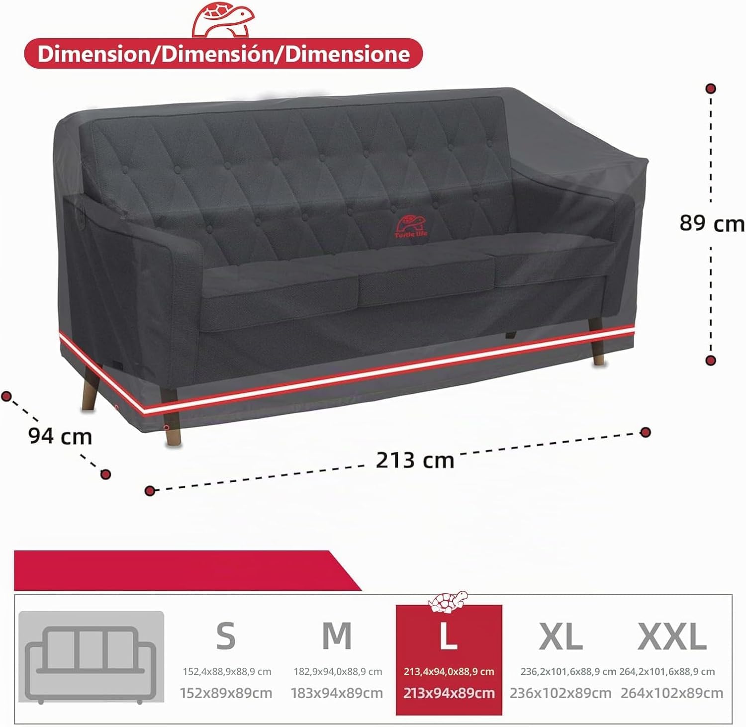 Turtle-Life Funda para Sofá de Jardin Impermeable Funda para Sofa Exterior Funda para Sofá de Jardin 3-4 Plazas sin Desvanecerse en Dos Años, Negro, 213x94x89cm