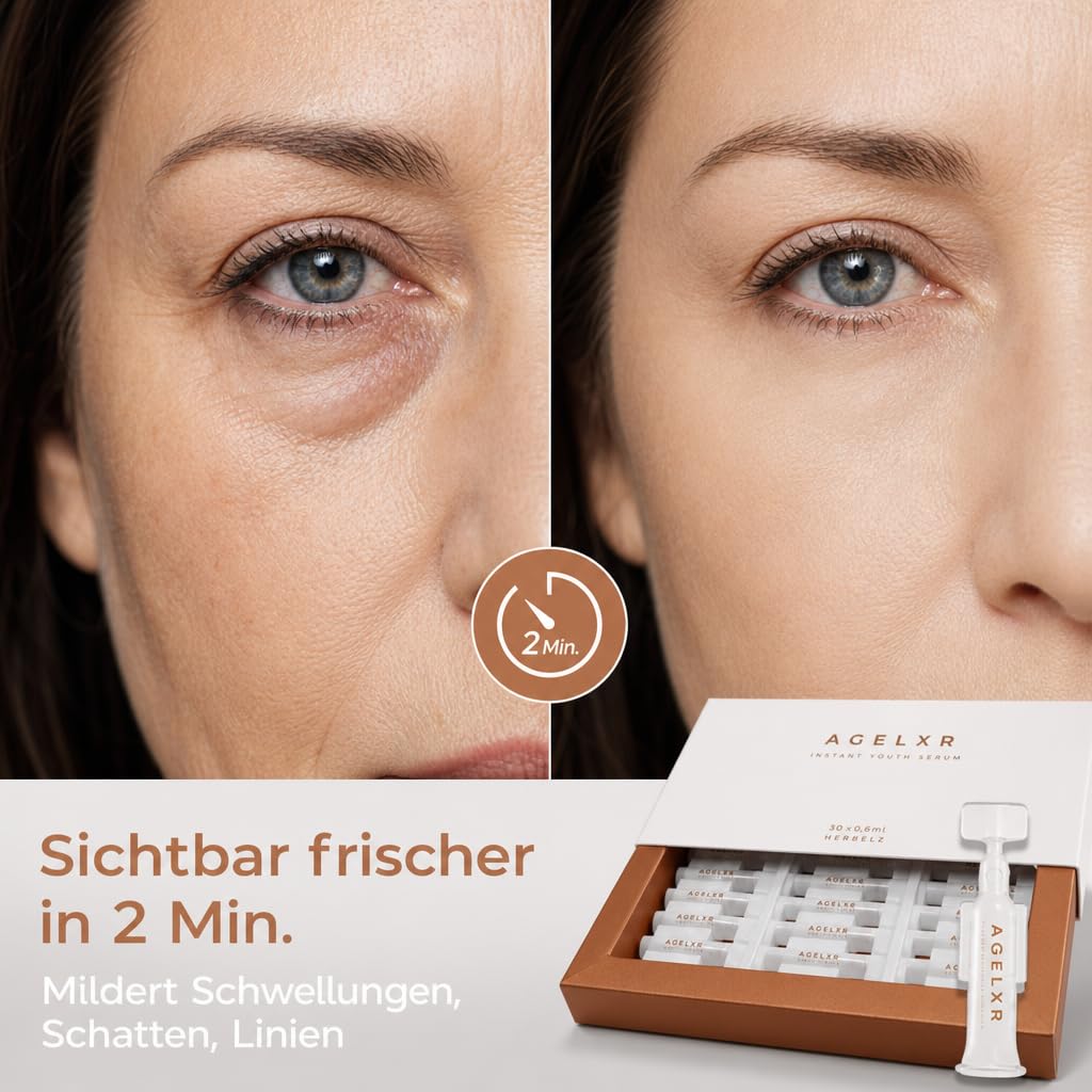 Dermz AGELXR Augenserum mit Argireline® gegen Augenringe & Falten | 30 Ampullen (je 0,6 ml) für ca. 12 Wochen · für Tränensäcke, Augenringe & Fältchen · Soforteffekt, sichtbar glattere Haut