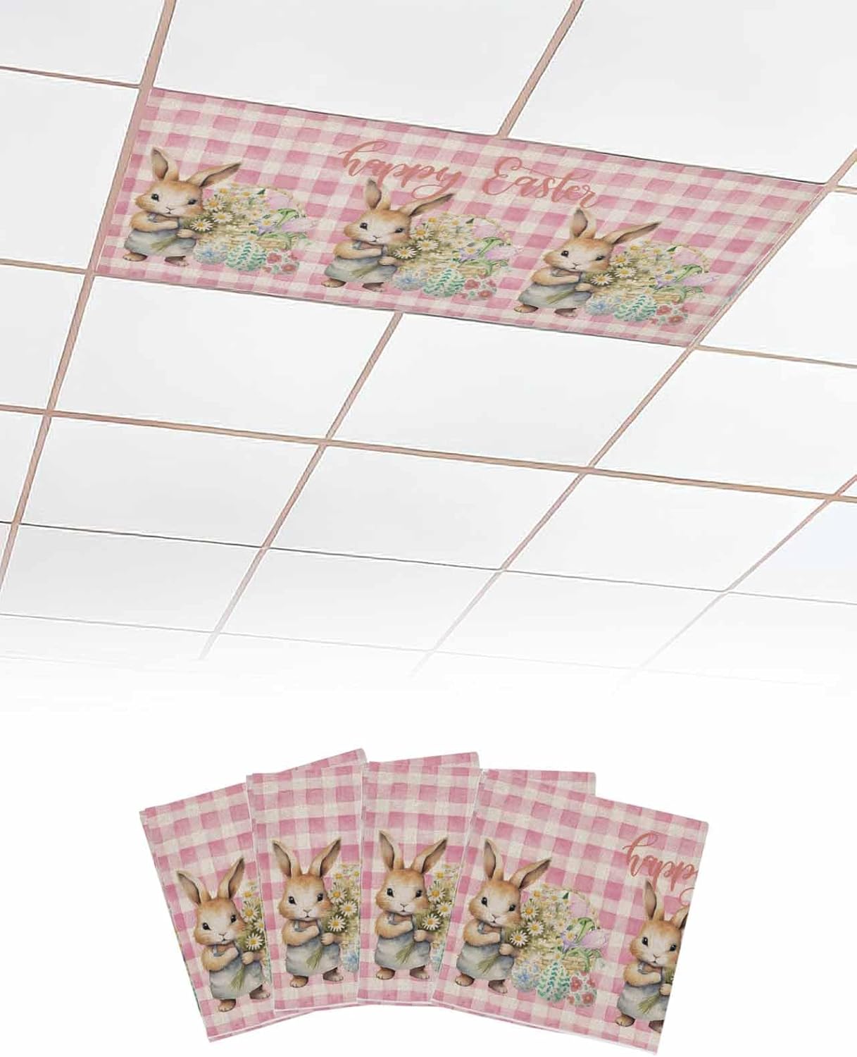 4PCS Happy Easter Bunny Rabbits Daisy Flower Pink Plaid Retro Linen Fluorescent Light Cover, Ceiling Lampshade with 10 Magnets Fixtures, Print Light Filters Cover Panel for Any Place Supplies
