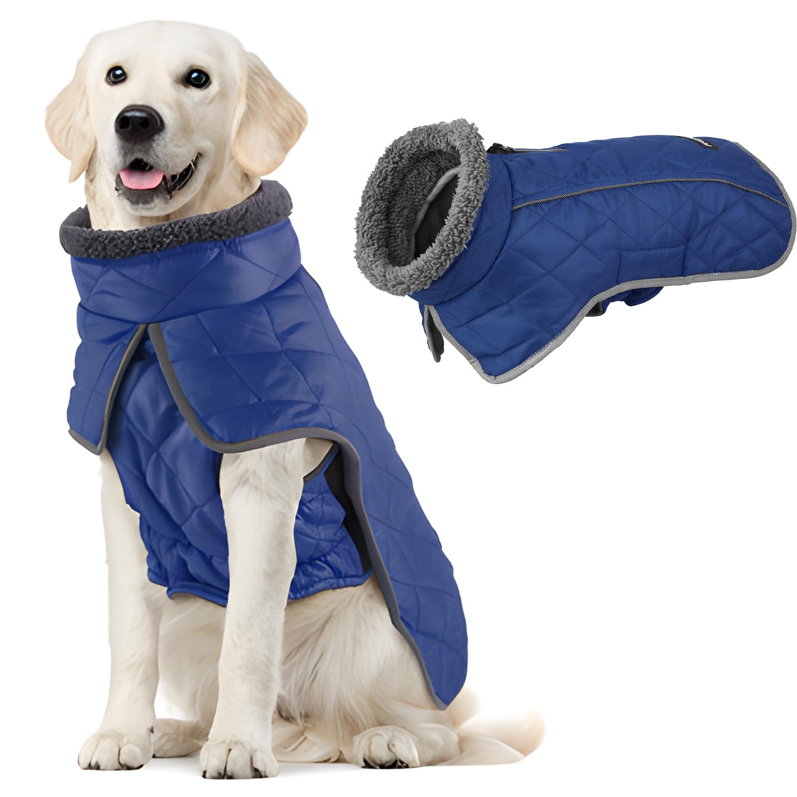 Fragralley Dog Coat Large, Waterproof Dog Jacket with Warm Fleece Lining, Adjustable Reflective Dogs Winter Coat, Turtleneck Pet Coats for Cold Weather (Blue XXL)
