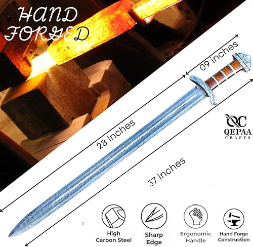Miniatura 2 de Espada de acero de Damasco hecha a mano, estilo vikingo, hoja de espiga completa con mango de madera y vaina, réplica medieval coleccionable, regalo