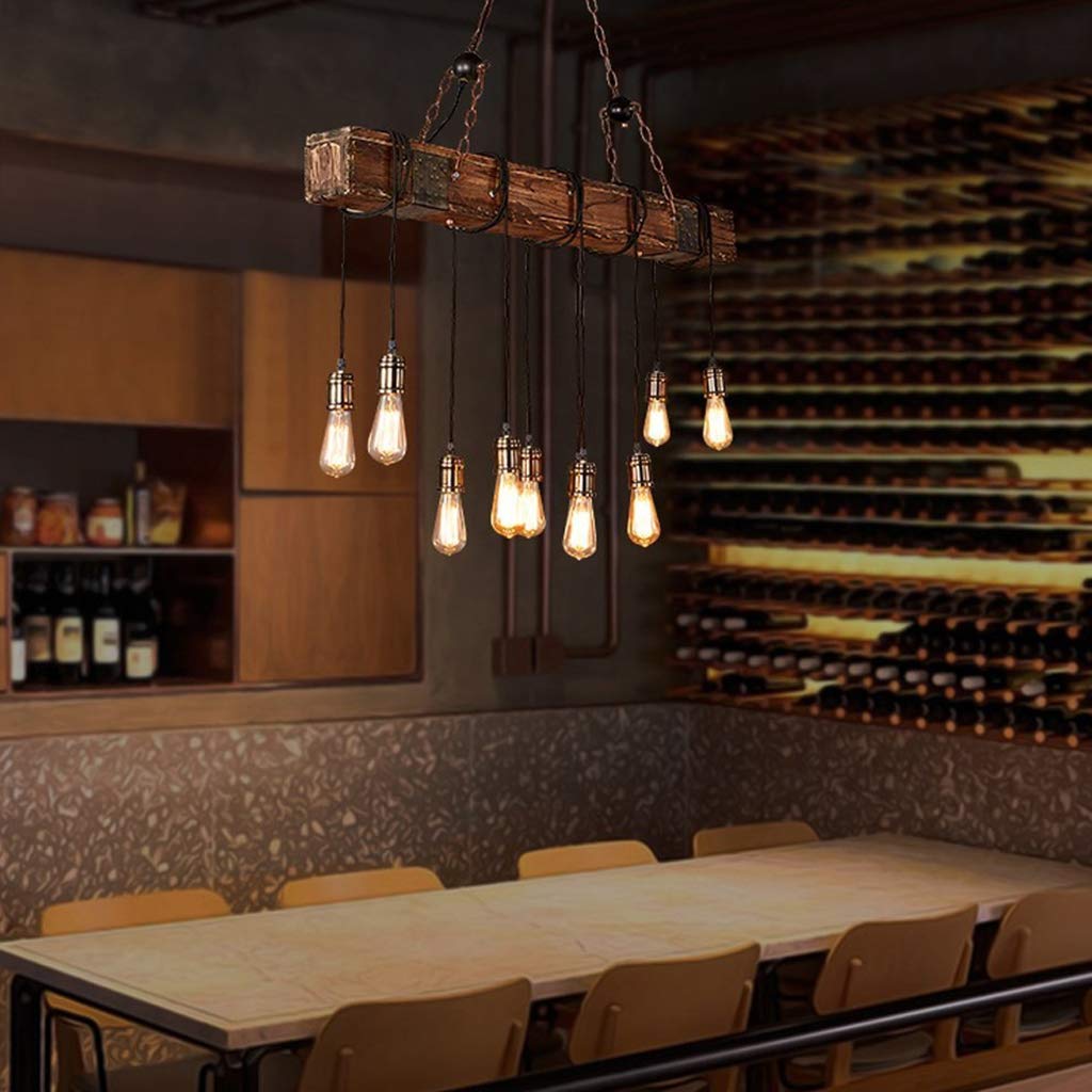 XIN'S Retro Pendelleuchte – Industrielles Design, 4 E27 Fassungen, Höhenverstellbar, Aus Holz & Metall