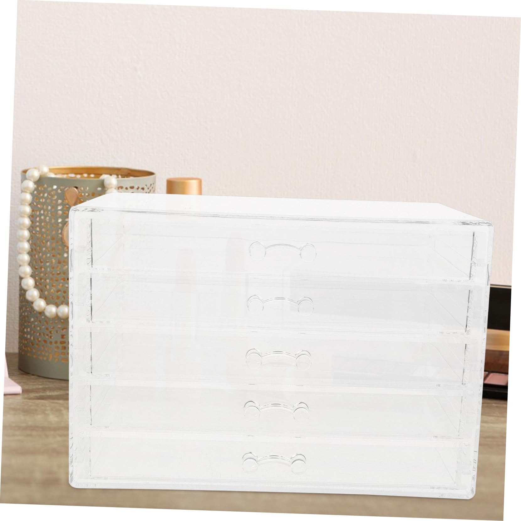 SOLUSTRE Organizador de Maquillaje con 5 Cajones Soporte para Cosméticos Transparente Diseño Compacto para Joyería y Lápices Labiales Organizador de Escritorio para Tocador