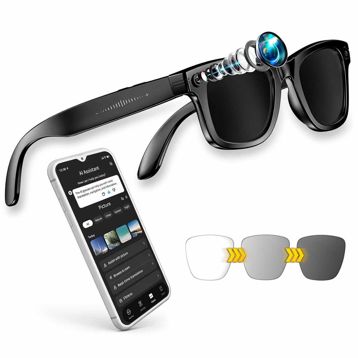 Lens AI Gafas Inteligentes con Cámara 32MP, 32GB, WiFi y Bluetooth, Traducción en Tiempo Real, Control por Voz y Táctil, IP65 (Cristal Tintado)