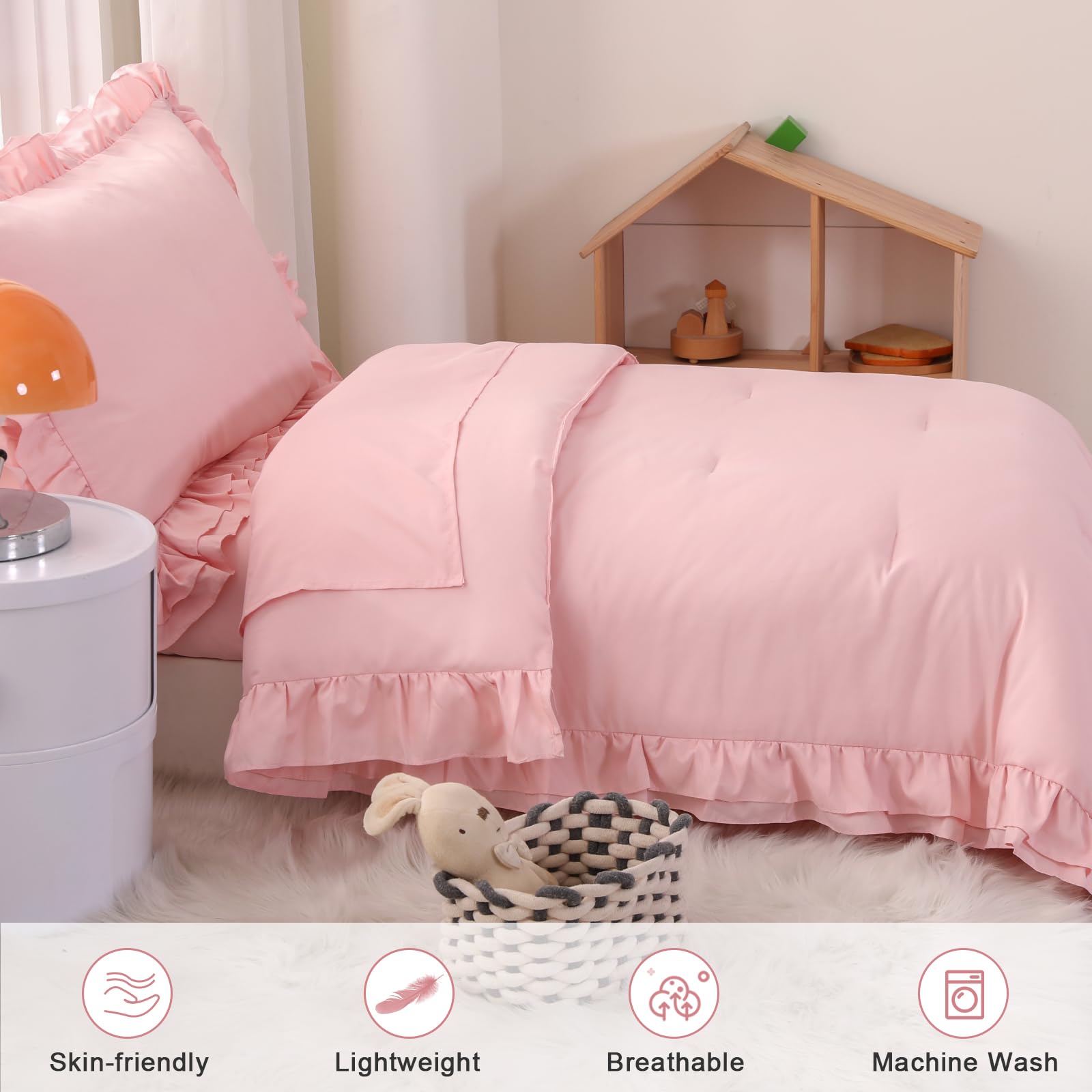Juego de ropa de cama rosa claro, ropa de cama de 4 piezas para niñas pequeñas, edredón bohemio con diseño de volantes, juego suave y transpirable con edredón, sábana bajera, sábana encimera