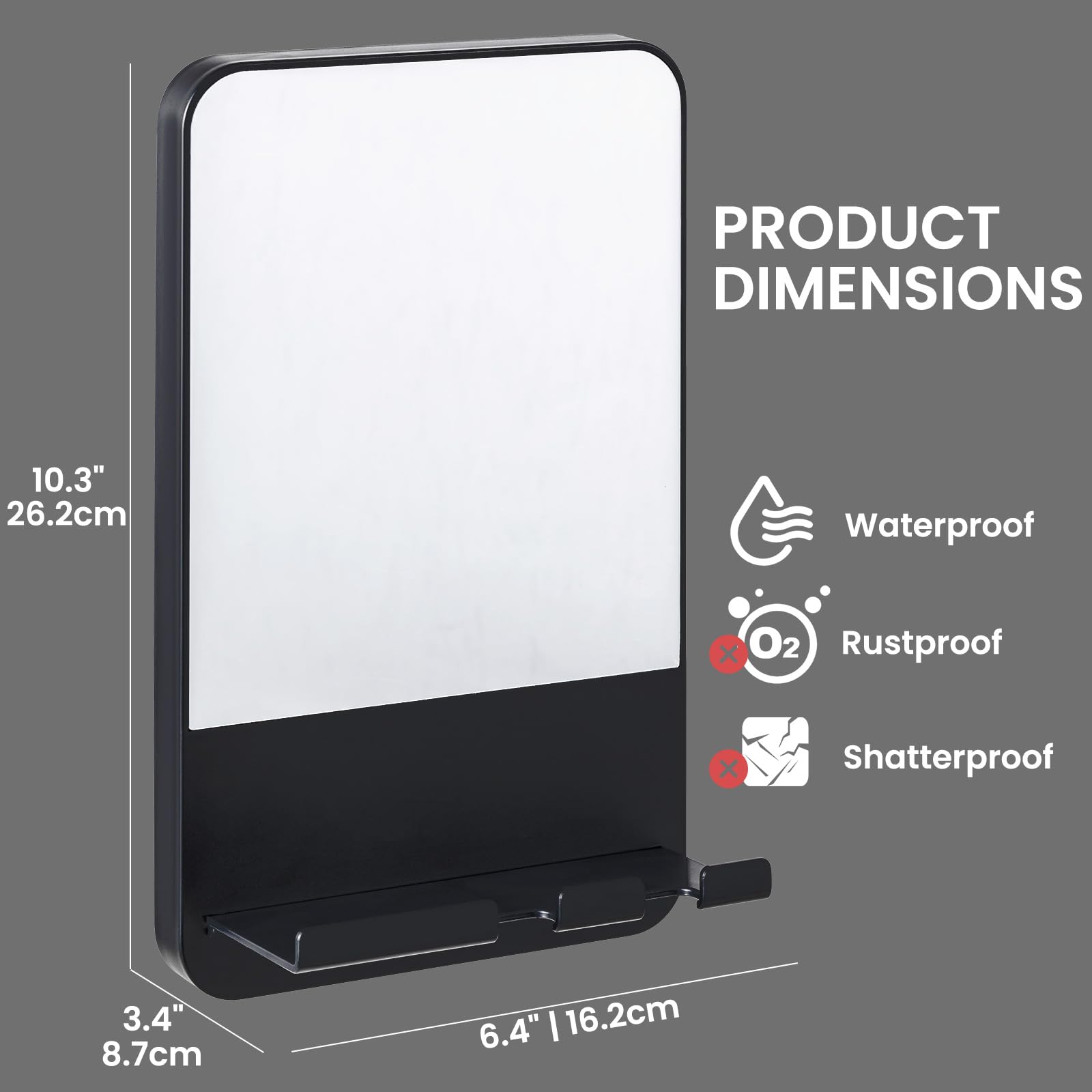 Miroir de Douche Antibuée sans Perçage avec Maintien du Rasoir, Noir