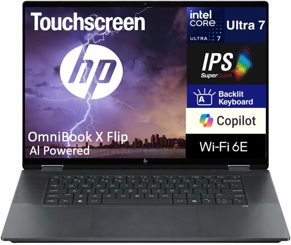 HP OmniBook X Flip AI Powered 2-in-1 laptop (NextGen Envy x360) Laptop 16.0" Touch IPS WUXGA (Intel Ultra 7-258V, 32GB LPDDR5X, 4TB SSD, Backlit KB, Thunderbolt 4, WiFi 6E, Win 11 Home)