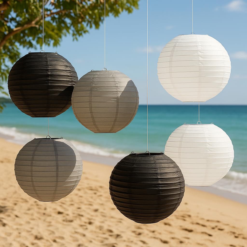 Paper Lanterns Mix Color Packs of 6 Round Paper Lanterns Lampshade Party Decorations (Grey Black Shade, 8" (20 Cm)) — view 4