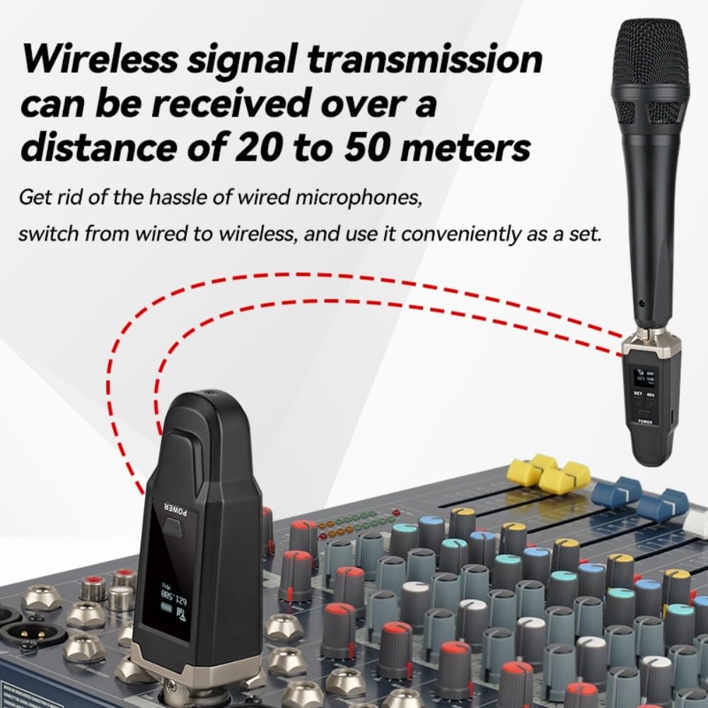 UHF Sistema Microfoni Wireless con Trasmettitore XLR Plug-On, Alimentazione 48V, Ricarica Tipo-C, Bassa Latenza per Microfoni Dinamici e a Condensatore, Nero