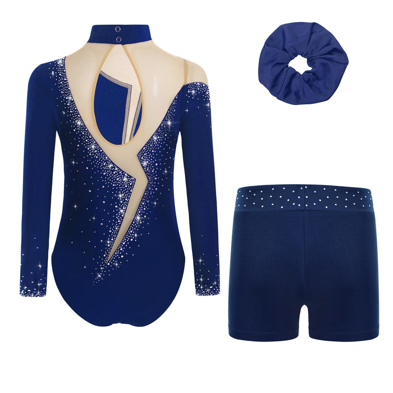 ranrann Enfant Fille Ensemble de Gymnastique Justaucorps Strass et Short avec Chouchou Tenue Patinage Artistique Danse