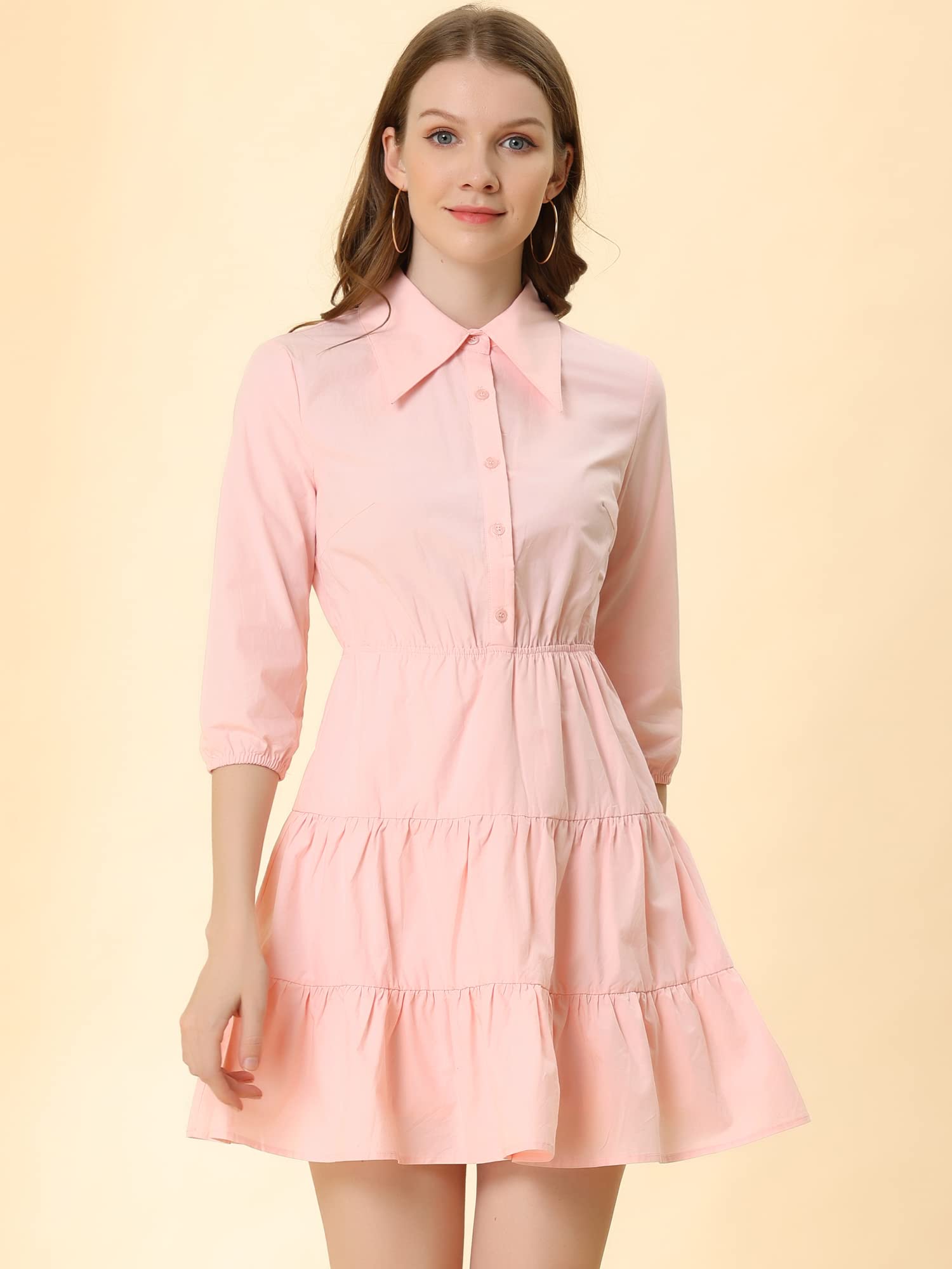Allegra K Mujer Vestido Mini Casual de Otono Cintura Elastica 3/4 Manga