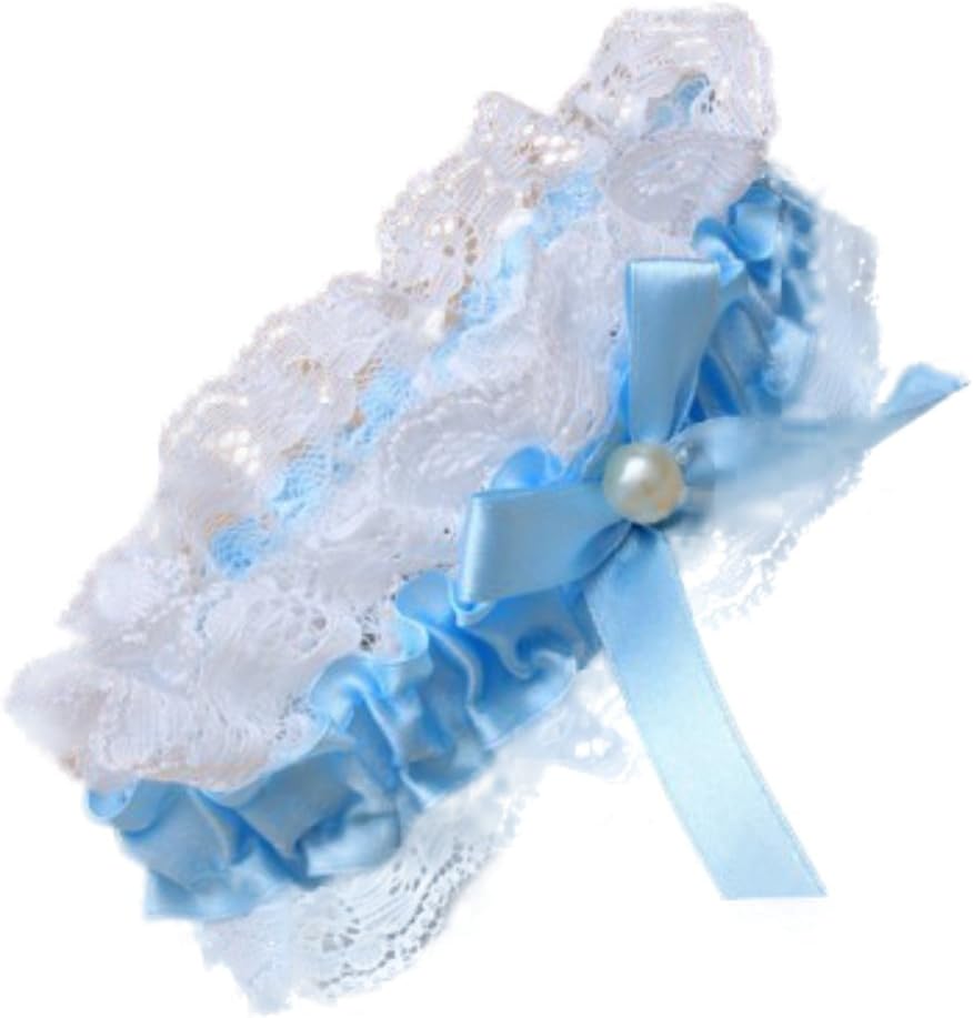 Pritties Accessories White Lace and Blue Ribbon Bow with Centre Pearl Elasticated Garter Bridal