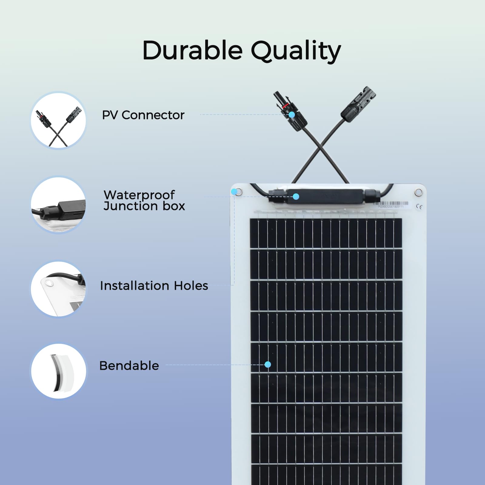 XINPUGUANG Panneau solaire souple 50W 12v Module solaire monocristallin pour bateau, voiture, camping-car, caravane (50) | Type N, 25 % haute efficacité, 115 cm × 24 cm (L × l), PET transparent, fond blanc, 2,5 mm ultra fin
