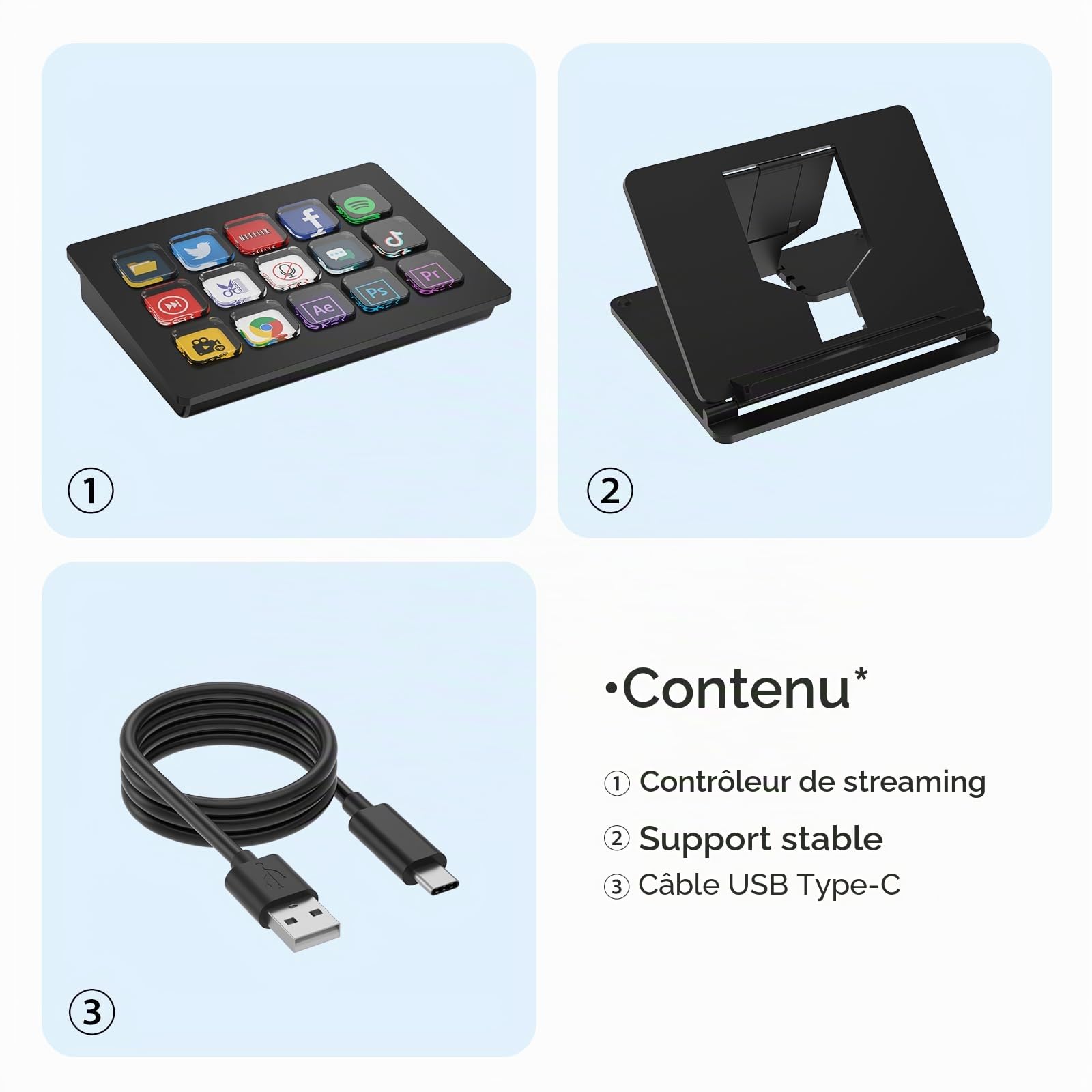 Stream Controller Deck 15 touches macro personnalisées, déclencheur en une seule pression pour la productivité de bureau, touches LCD personnalisées pour OBS, Twitch, YouTube, compatible Mac et