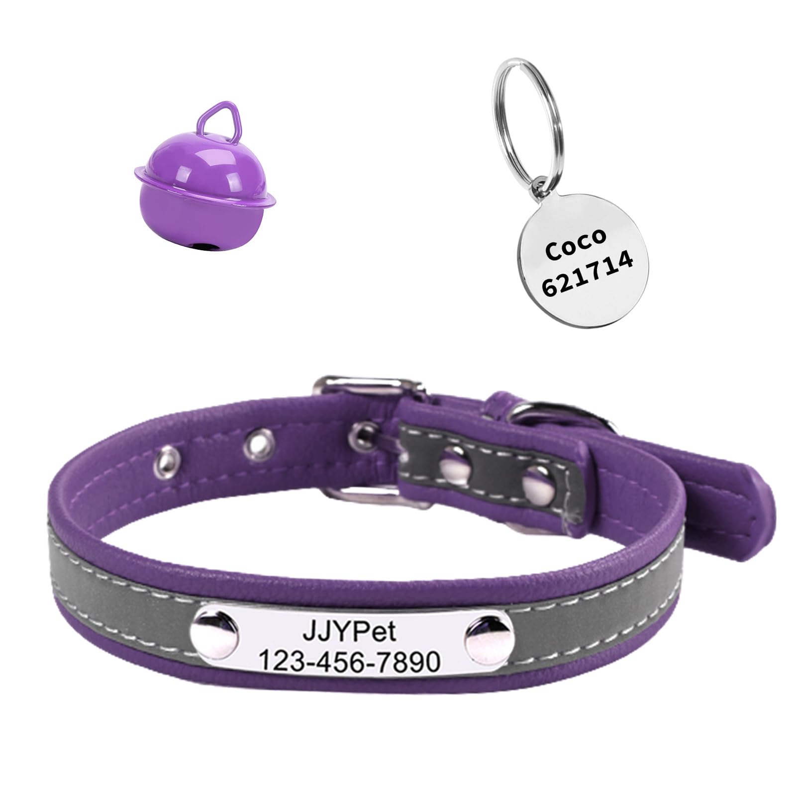 Personalized Reflective Cat Collars with Name Tag and Plated,Engraved Custom Cat Collar with Name and Phone,Kitten Collar with Safety Buckle Adjustable for Cats and Kitten(Purple)