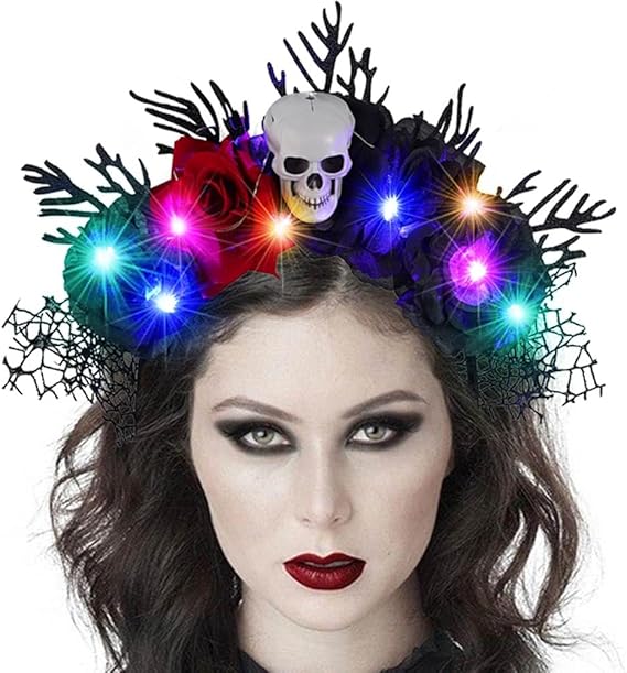 Catery Day of the Dead Headpiece Halloween Light Up Headbands Black Floral Gothic Crown Hair Accessories for Women