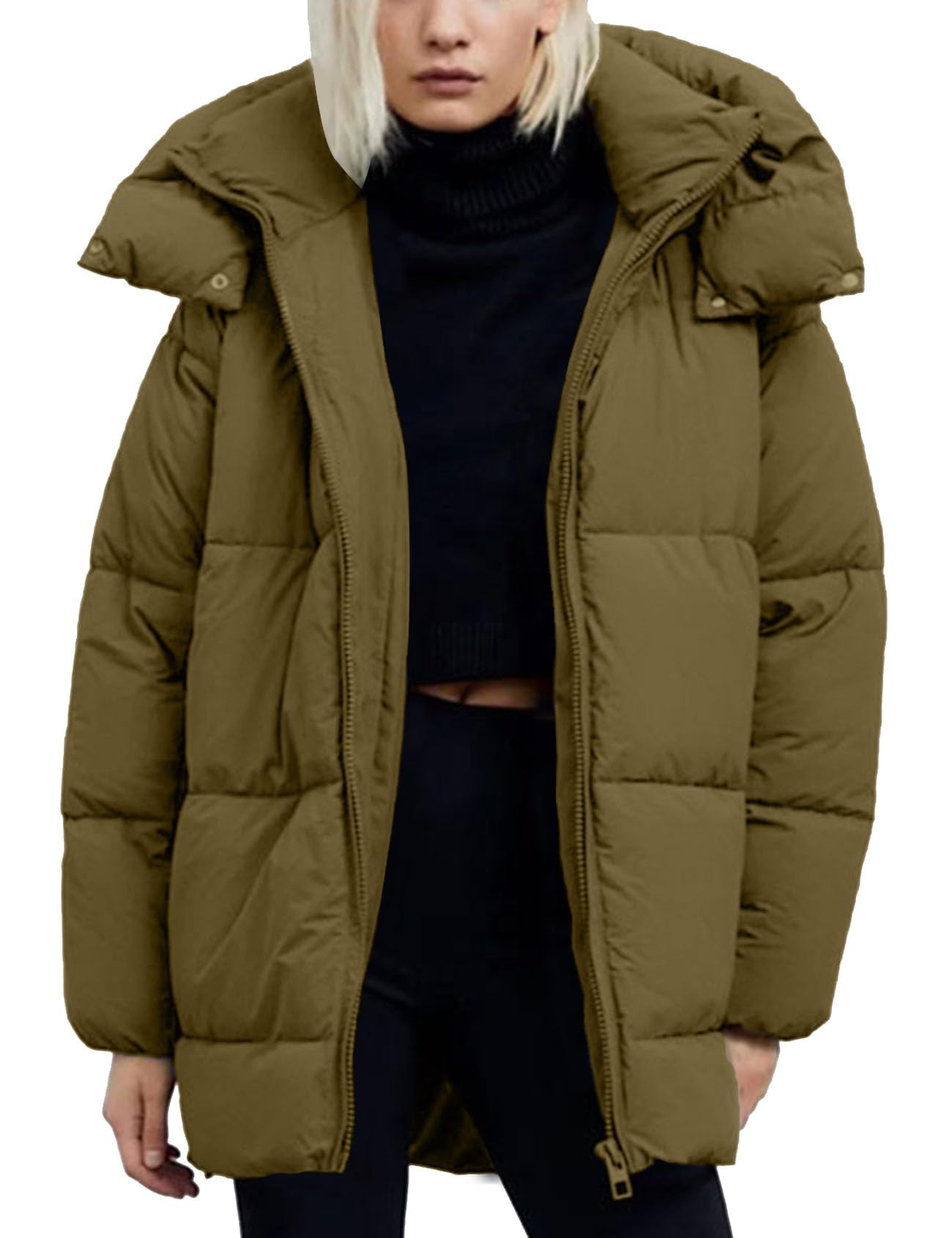 Flygo Womens Hooded Quilted Puffer Jacket Mid-Length Padded Warm Winter Heavyweight Coat Outerwear