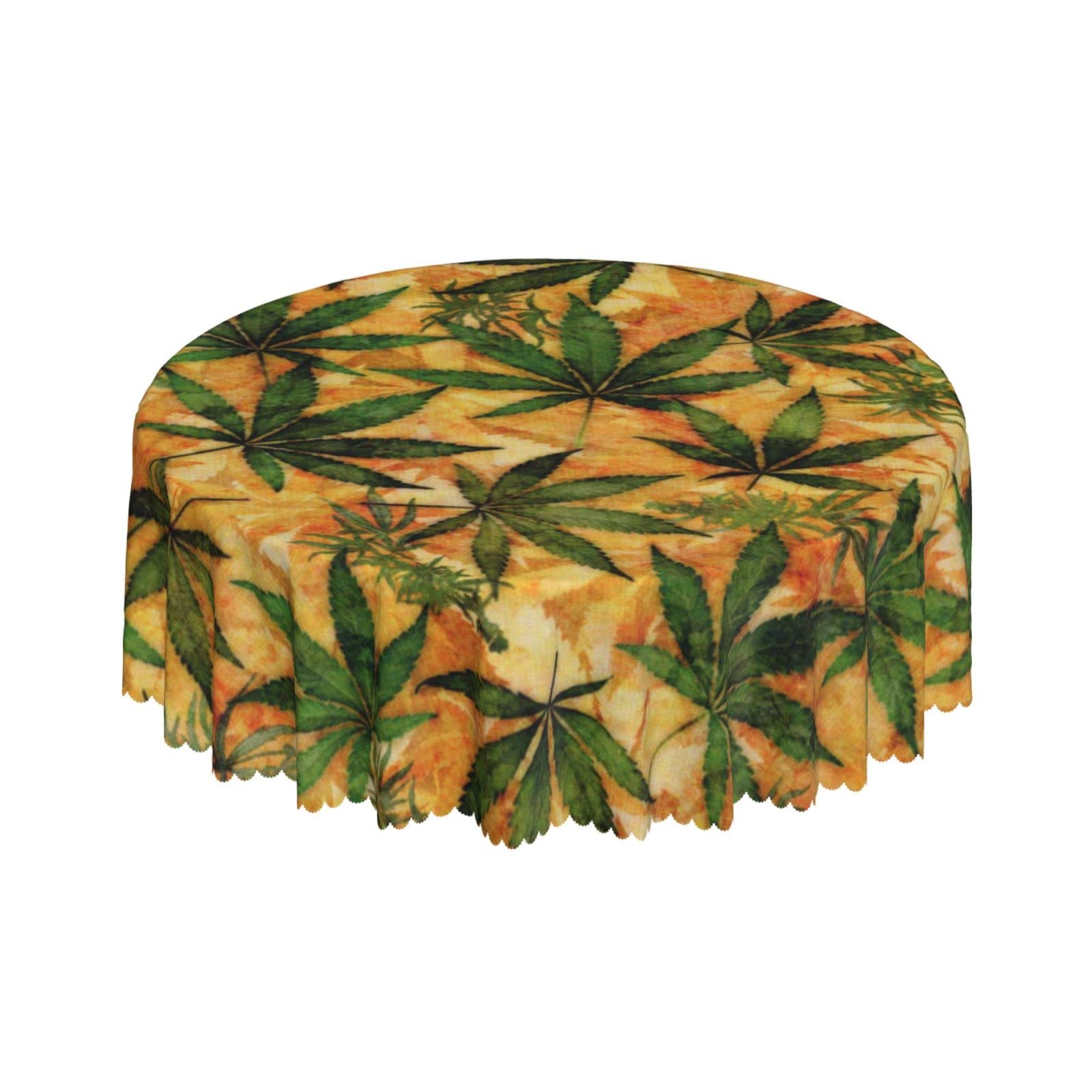 Lsjuee Cannabis Leaf Orange Round Tablecloth 60 Inch Printed Washable Tablecloth for Dining Party Holiday Fall Home Decorative
