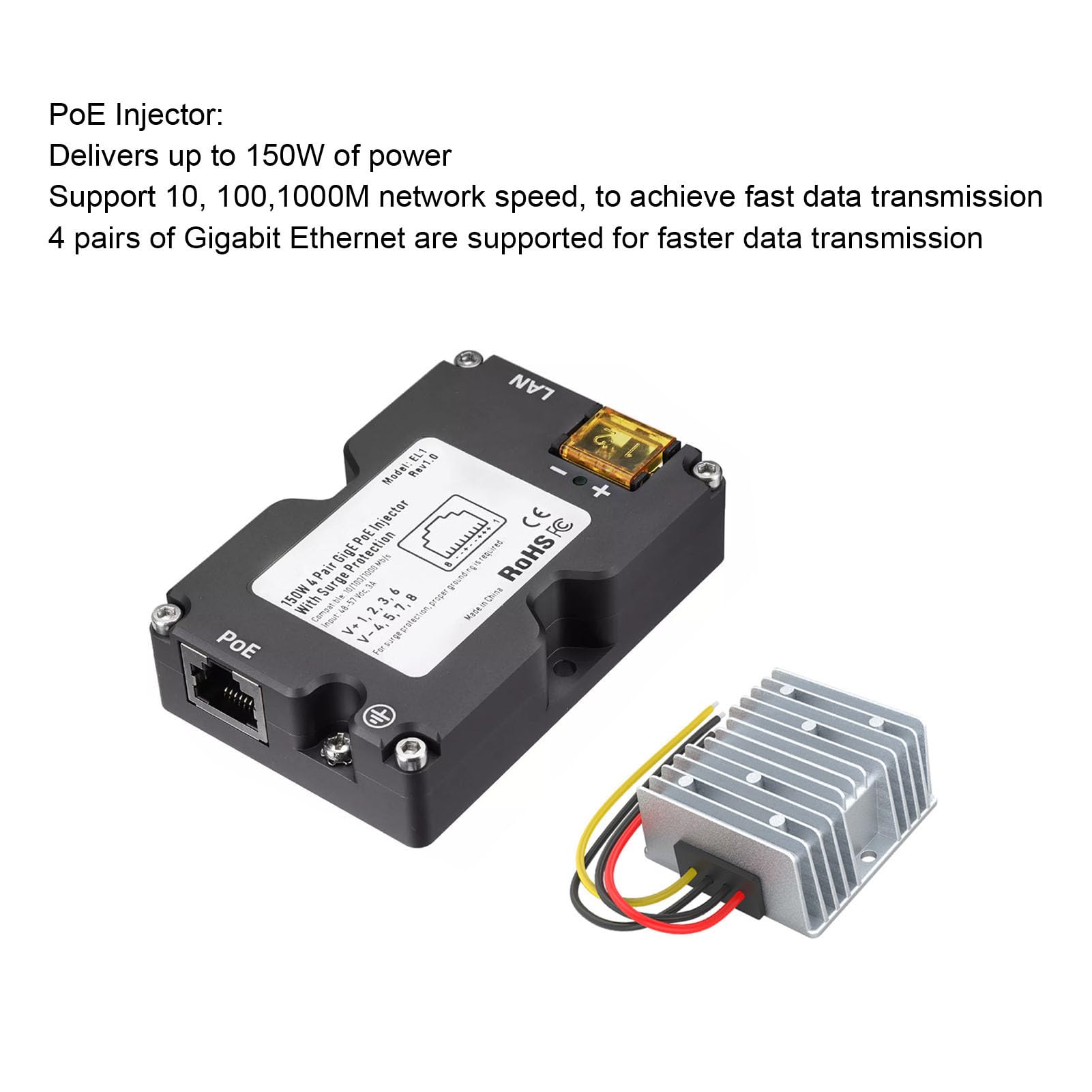 Cryfokt Inyector PoE, 3A 150W GigE Pasivo ABS con Protección contra Sobretensiones ESD y Convertidor Elevador de CC de 12V a 48V, para el Kit de INT