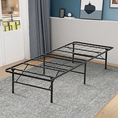BLKMTY Bed Frame Twin Size Foldable Metal Platform Beds Steel Slat Bed Frame Mattress Foundation with Support Up to 500lbs No Box Spring Needed/Noise Free Heavy Duty Metal Bed Frames, Black