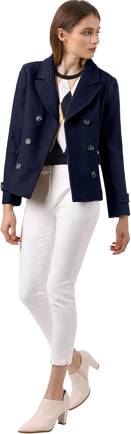 Allegra K Women's Notched Lapel Double Breasted Pea Coat - Image 3