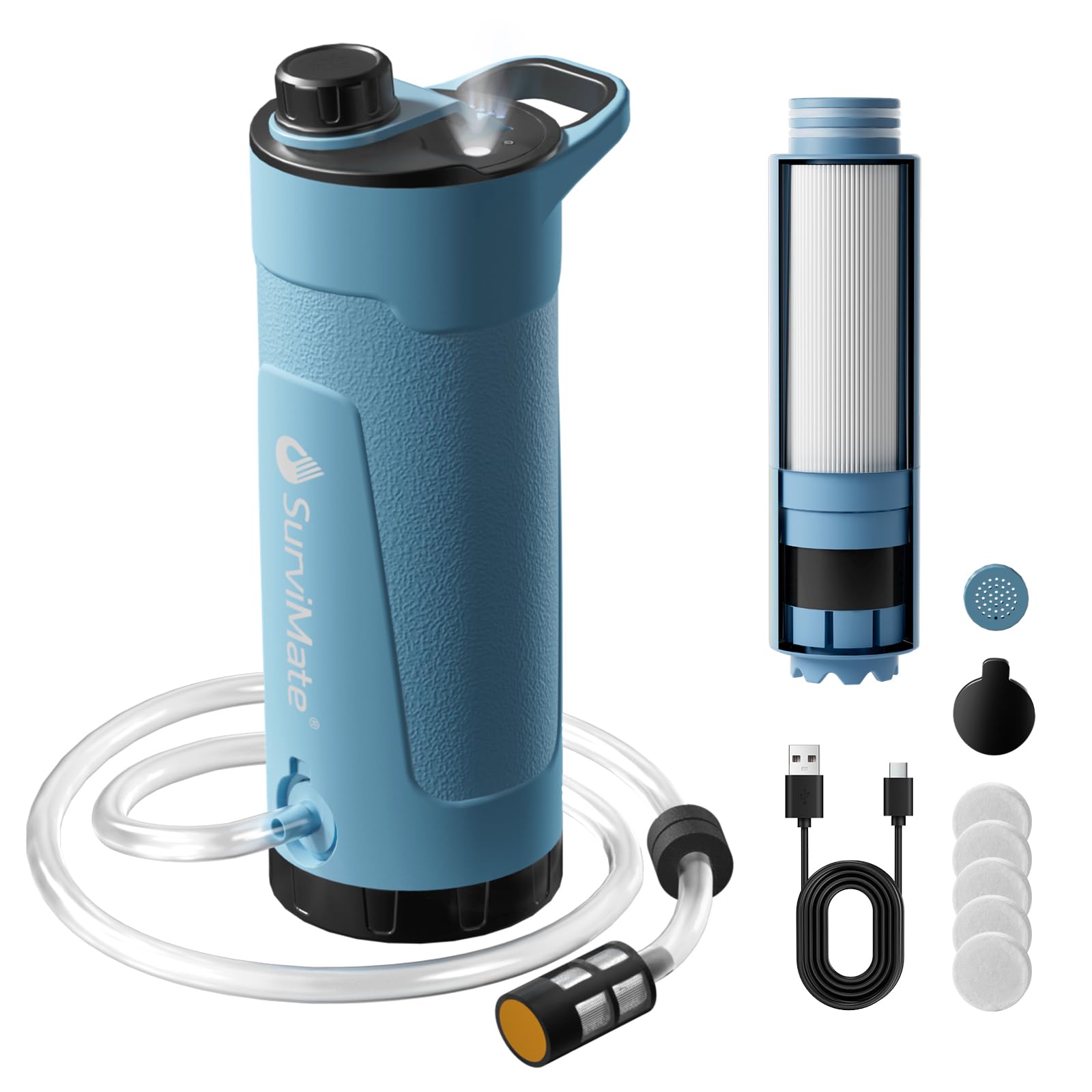 SurviMate Electric Water Purifier Survival,Portable Water Filter Bottle for Survival,0.01μm 22 Ounces with Emergency Lighting, NSF/ANSI 42&372