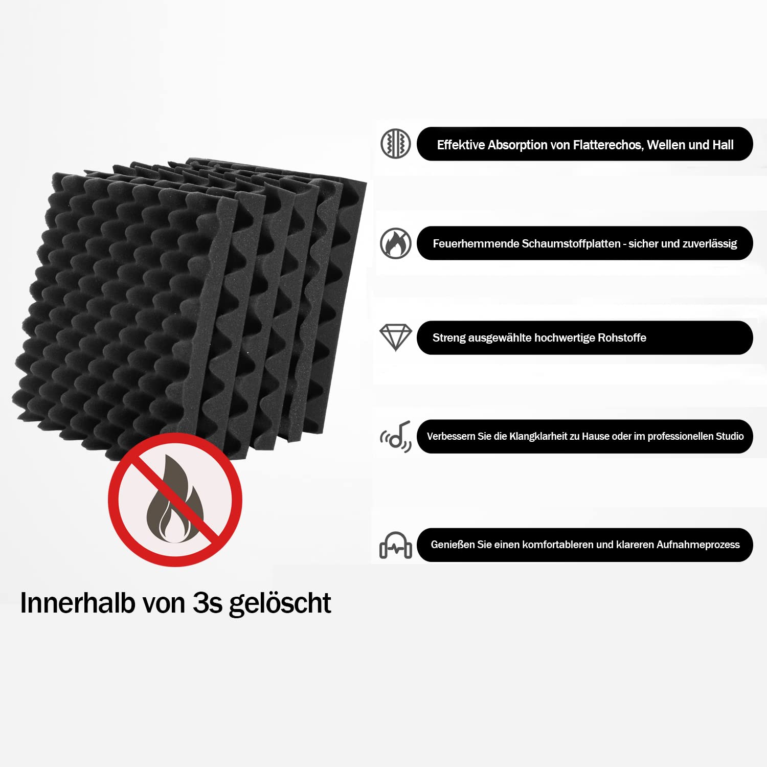Lot de 24 panneaux de mousse acoustique alvéolaire - Panneaux acoustiques muraux - Panneaux de protection - Pour studio d'enregistrement, bureau, maison - 30 x 30 x 3 cm - Noir