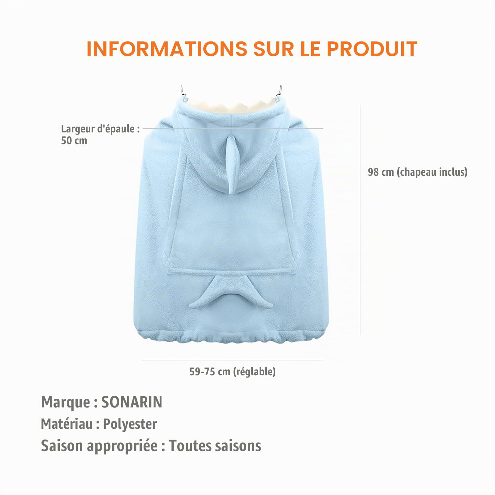 SONARIN Chaud Porte Bébé Couverture,Universel Housse de Porte-Bébé Hiver Encapuchonné Coupe-Vent Cape de Transporteur Chancelière avec Poche pour Toutes Saisons(Bleu)