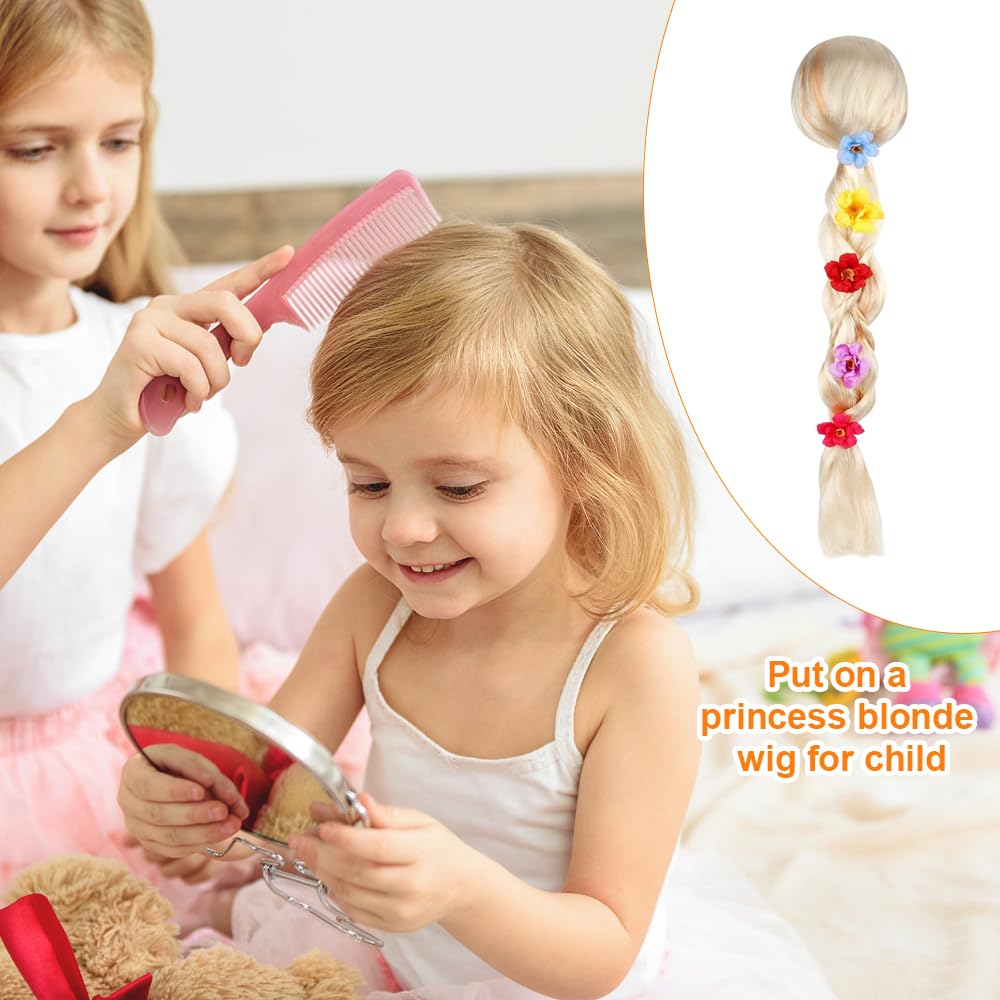 Parrucca Bionda Rapunzel Per Bambine - Trecce Lunghe 85 Cm Con Fiori, Costume Principessa E Cosplay - Foto 2