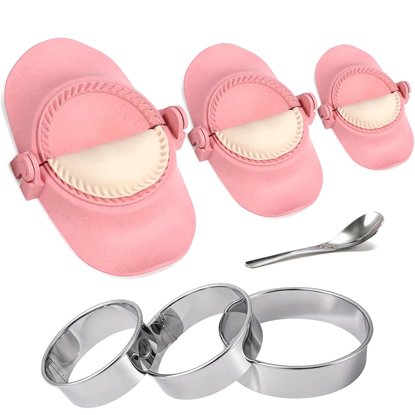 Dumpling Maker, Empanada Maker Press Multiple Size Dumpling Mold Set with Dough Cutter & Stuffing Spoon, Dumpling Maker Kit for Pierogi Gyoza Ravioli Chinese Dumpling, Pink 3 Sizes (4.2