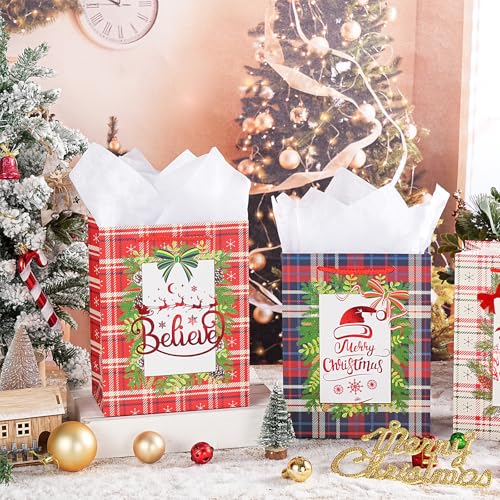 Image of Loveinside Christmas Gift Bags Set, Gold Foil Holiday Wreath & Plaid Design, Medium Size Bags with Handle, Tissue Paper for Christmas Gifts & Party Favors, 4 Pack, 7 inch X 4 inch X 9 inch