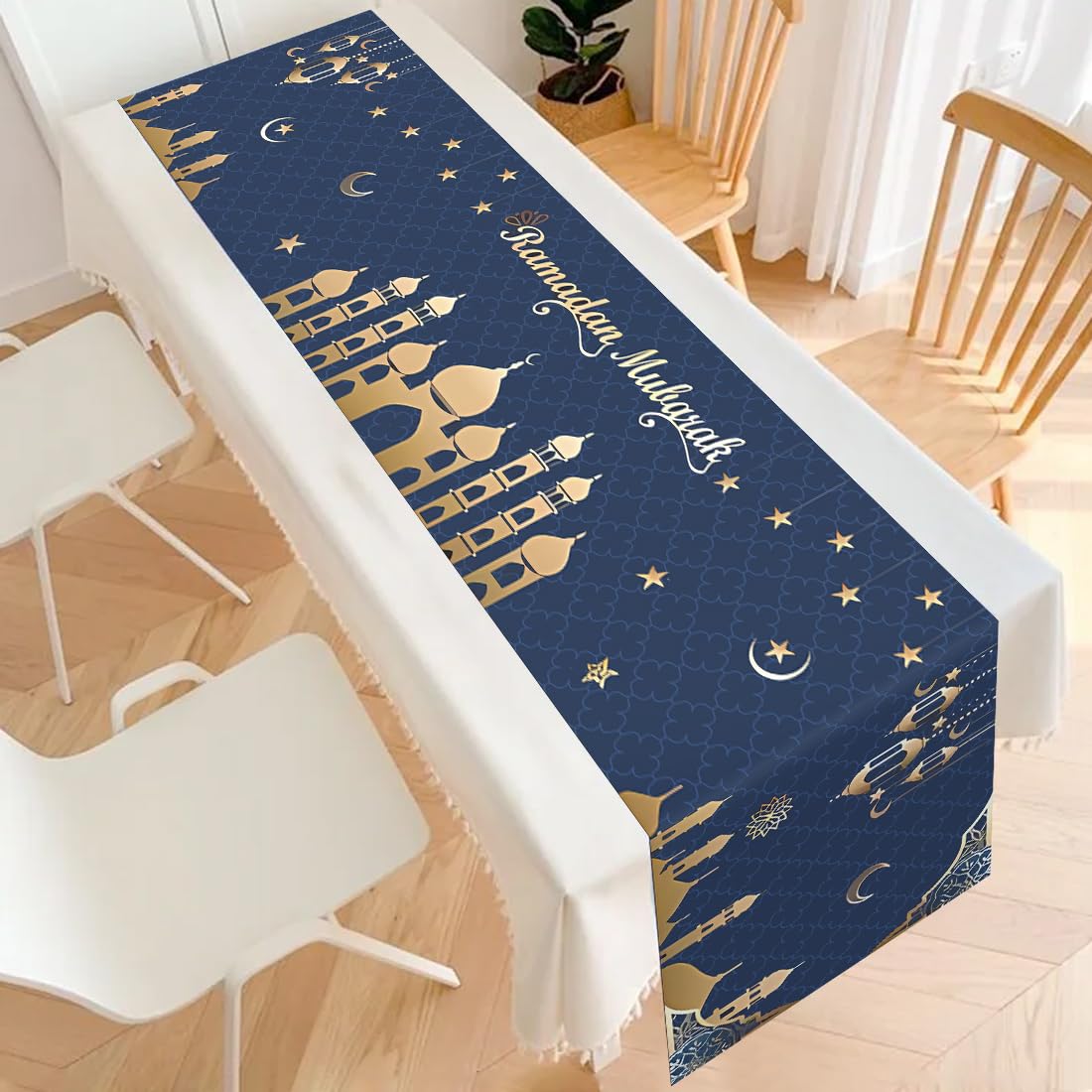 O-Kinee Blue Gold Ramadan Star Moon Table Linen, Traditional Table Runner