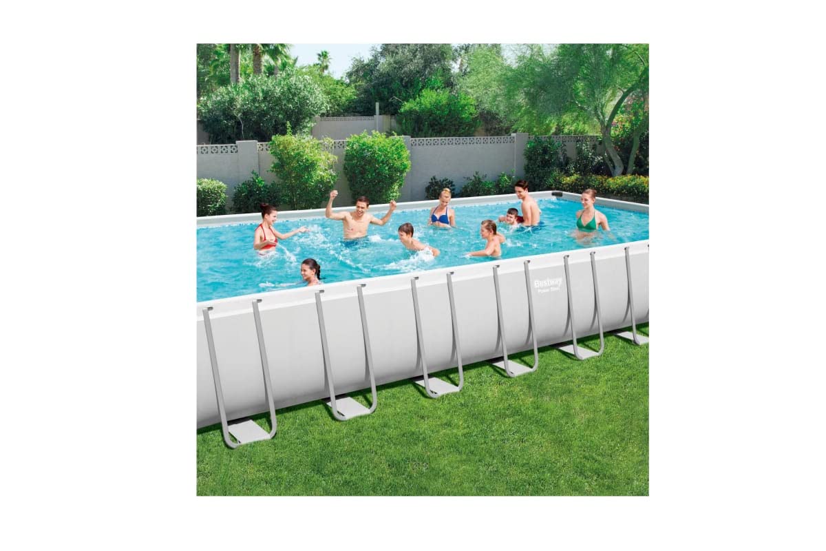 Bestway Power Steel Frame Pool Komplett-Set, eckig, mit Sandfilteranlage, Sicherheitsleiter & Abdeckplane 956 x 488 x 132 cm, 56623, Grau